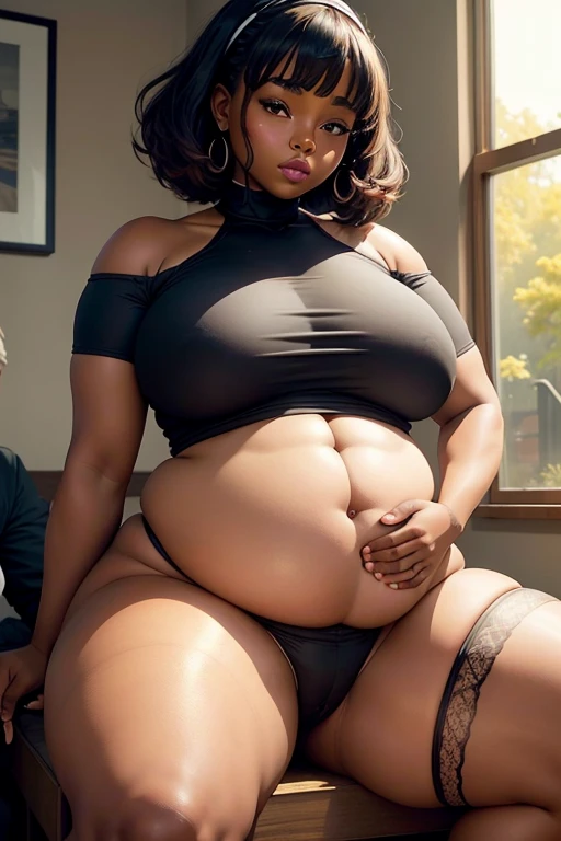 A beautiful pudgy black woman sitting and white man holding her bloated belly