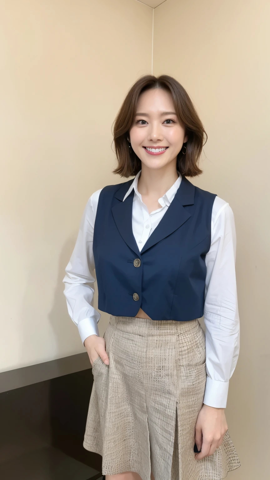 最high quality, In 8K, Masseter region, Vibrant, Sharp focus, high quality, High resolution, Detailed face, fine grain, Thick lips, (Looking at the audience), alone, Beautiful woman, 38 years old, Japanese women, (Short black hair:1.4)、(Bob Hair:1.4), Cleavage, Lunch break、(Silicon Valley IT company headquarters、Large lobby、High ceilings、Large windows、Sitting on a bench in the reception area:1.3)、(Full body photo:1)、(Japanese women)、(Female office worker uniform:1.8), (wearing a dark 青 vest over a white blouse:1.5), The vest has three gold buttons, (Red, blue and white ribbon around his neck)、(Knee-length dark blue skirt)、(Black pumps:1.5)、(Red lipstick:1.1)、(smile:1.3)、(standard body type)、(D cup breasts)