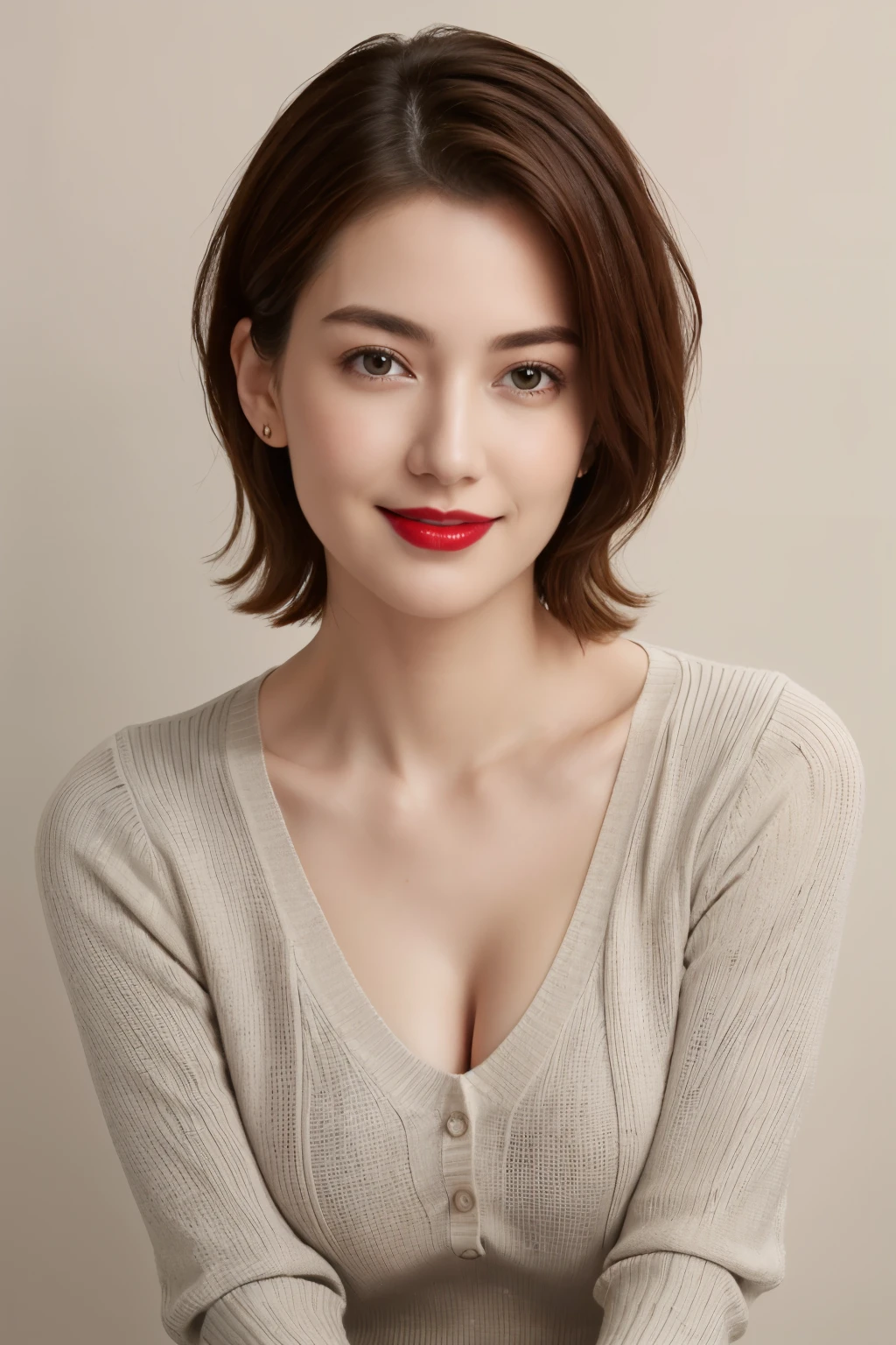 Tabletop, highest quality, Photorealistic, Very detailed, finely, High resolution, 8k wallpaper, RAW Photos, Professional, High level of detail, 1 girl, ((Red lips)), ((Looking at the camera)), (Look forward), Upper Body, short hair, Bob Hair, (Straight Hair), Shapely breasts, Cleavage, Light grey V-neck light knit sweater, Plain background