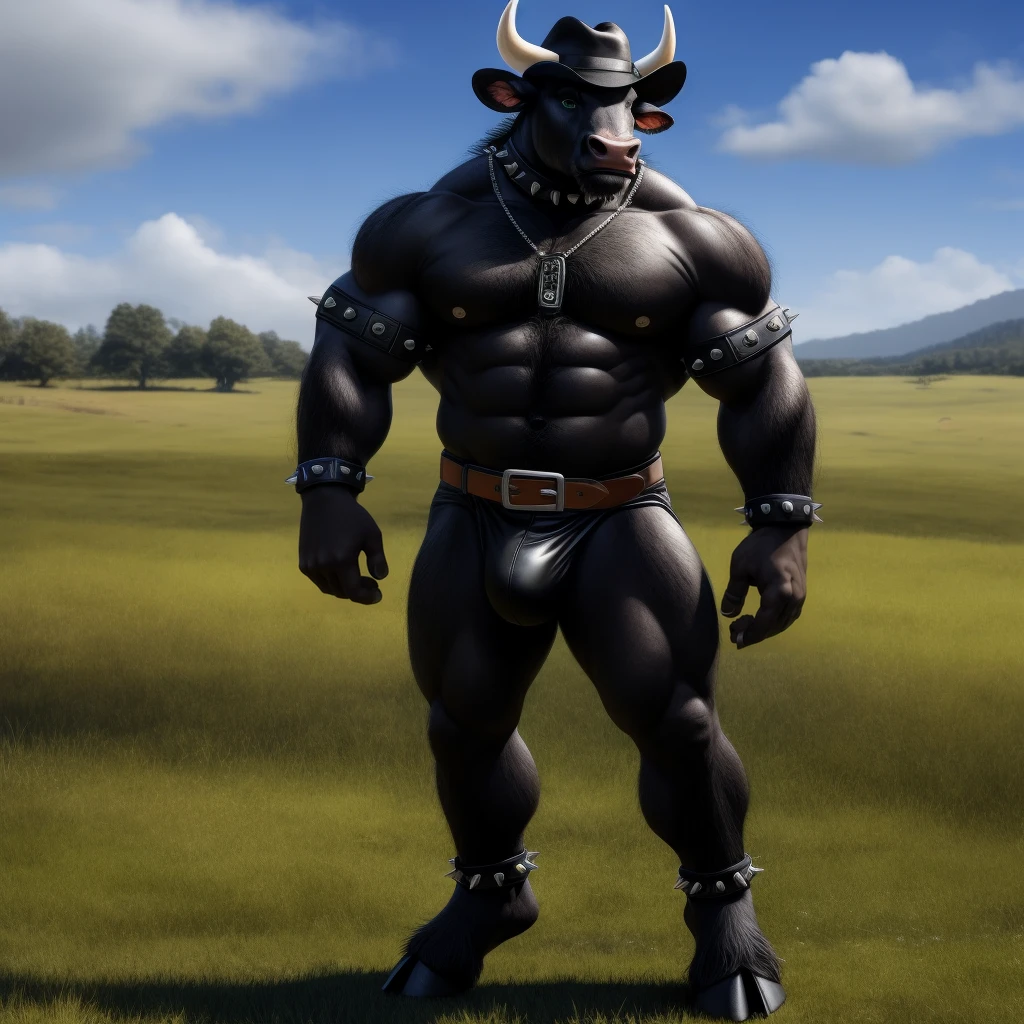 Furry, Antro, anthropomorphic, Solo, Bull, Bovine, White horns, loong bovine tail, (furry Black Dark), tribal tattoo arm, (Male Bulge), nose ring, Big Balls, Big Ass, Wearing a Black Leather Harness, Black bicep leather bracelet, Leather Buckle Armband, Black dark Leather Slip, thread thong, Black Belt, Spiked Collar, Spiked Wristbands, (Leather Bicep Arm Strap), man pendant, Cowboy Hat, Spiked Anklet, Hooves, Hairy, Full Body, Braided Mane, Hairy Torso, Seen Standing, Upright Standing Pose, Blue Pupil Eyes, High Resolution, 4K Detailed, Good Lighting, Beautiful, Blue Sky Background with Green Grass Meadow, black hair