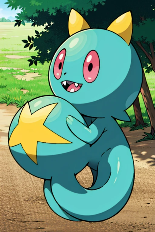 masterpiece, best quality, SFW, (safe for work),1Digimon, solo, sharp teeth, long flappy ears, wide mouth, no body, pink blobby digimon,digimon style,digimon \(creature\), glitchy forest background
