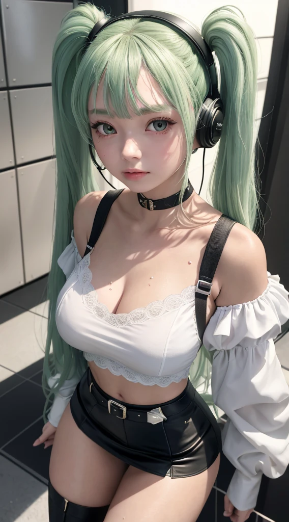 NSFW:1.4、Masterpiece、最high quality、high quality、High definition、High resolution、High detail、Lens flare、Ray Tracing、high qualityのテクスチャー、high qualityの影、Beautiful details、Detailed explanation、Detailed texture、Realistic facial expression、Realistic and colorful、Delicate、Cinematic Light、Side light、Sharp Focus、(1 Female:1.3)、(Intricate detailakeup、Pure Eros Face_v1:0.5)、(Details Beautiful delicate face、Detailed beautiful delicate eyes、Perfect Facial Proportions、Detailed skin、Charm、Detailed chest、Large upward-facing breasts)、(See-through)、Wet、slender、sexy、Underboob、High Leg、V-Cut、Hatsune Miku、Seafoam green hair color、Fancy Twin Tails、Beautiful bangs、(Lift-up mini skirt)、(Mini skirt soaring in the wind)、(high slit)、Knee-high boots、White shirt、tie、Headphones、Removing the Sleeve、Raise your knees、Cyberpunk City、Full body photography、Low - Angle、Condescending Gaze、(Take a deep breath、Work on this image step by step)