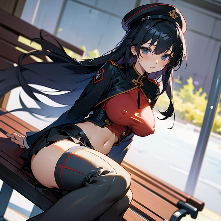 Anime girl sitting cross-legged on a bench, Enchanting anime girl,Naughty anime style, Wearing a uniform、The underboob is visible、I can see your belly、I can see your pants、Black Stockings、Wearing a hat、Not wearing a skirt、Black hair with blue and red lines、Long Hair、Large Breasts、Her  are visible through her uniform、Spreading her legs、Show your pants、Wet、Soaking wet、Light clothing、Show your pants、Panties、Erect nipples