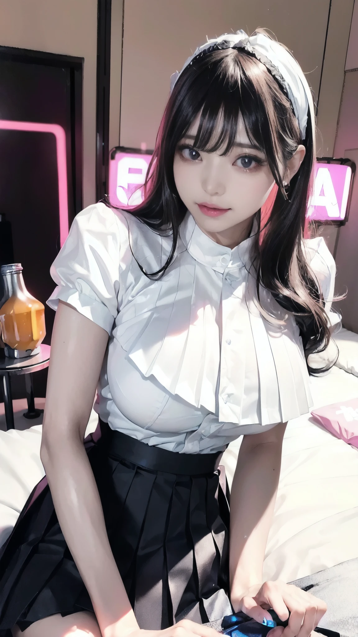 (Best Quality, 8K, masutepiece, Ultra HD: 1.3), 1girl in, ,light brown hair, Blunt bangs, hair behind ear, hair over shoulder, Long hair, slender body shape, Ultra Fine Face, Delicate lips, Beautiful eyes, Double eyelids, lipsticks, thin blush ,Black eyes ,perfect glossy skin,flawless skin fair white skin ,Glistening sweat,A gaze that invites you, Chest,Ultra-thin hands, Ultra-fine fingers, shirt with collar, tight skirts , beauty legs ,Low Heels. outside of house、In the middle of a date