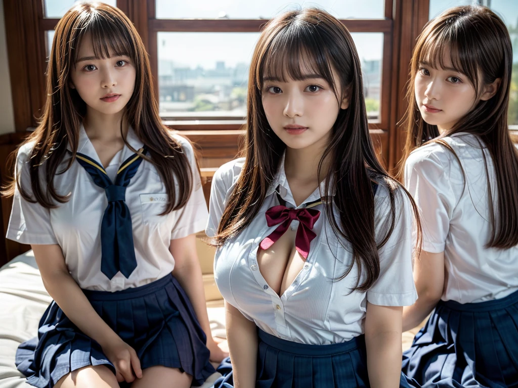(RAW photo, 4k, masterpiece, high resolution, extremely complex) (realistic: 1.4), cinematic lighting
((2 girls, 2 schoolgirls)),Slam Dunk's,blushing,((innocent)),(Dark makeup),bright eyes,round eyes,blunt bangs,(straight hair:1.3),black hair,large breasts,wide hips,Summer Noon, 20 year old girl、cute type、ta,Hot, (Best Quality), (Highres), (an Extremely Delicate and Beautiful),(Beautiful 8k face),(Brown eyes),short bob hair,( spectators),(gigantic breasts),(Play with each other,Touching each other's bodies,Touching the body),(Japanese high school uniform:1.3),blue skirt,(reality),bright lighting,(The background is a luxury hotel room)