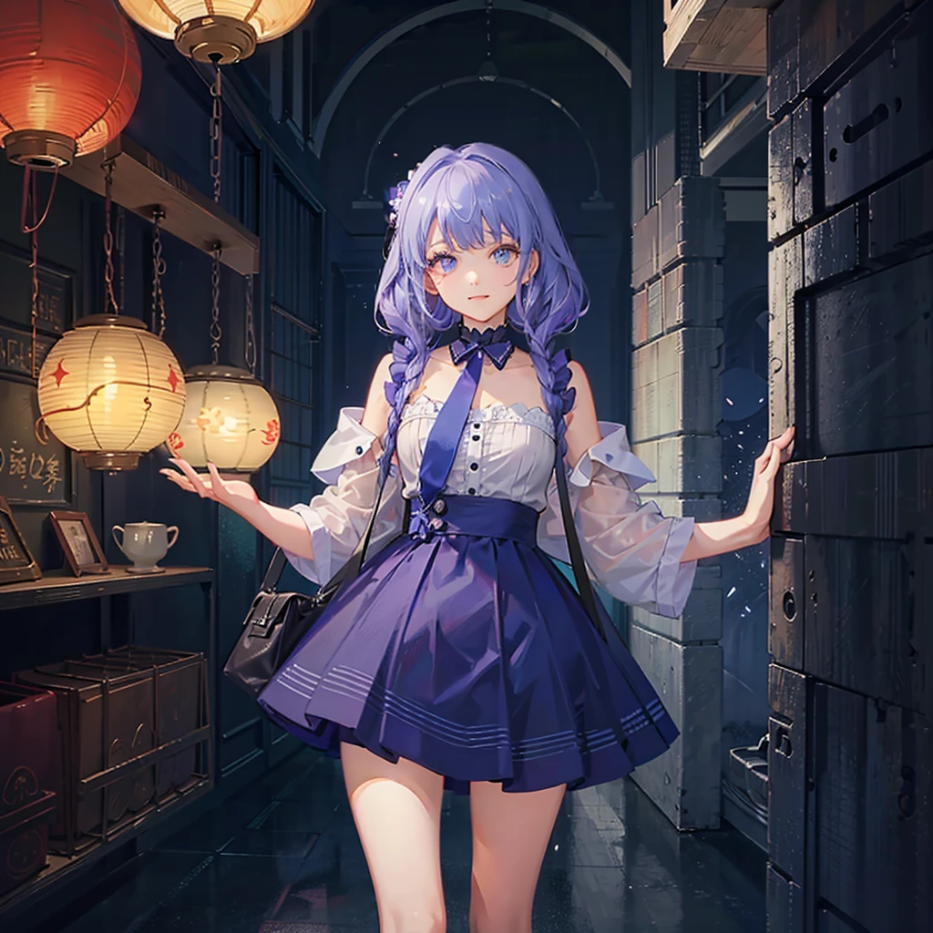 highest quality、masterpiece、Anime solid color、Colorful and unique space、One Girl、Purple hair, braided hair, bangs, big light blue eyes, energetic、Maid-style dress mini skirt、大きなハンマーを堕ち下ろす 当たっている場所から✨がたくさん勢いよく飛び散っている