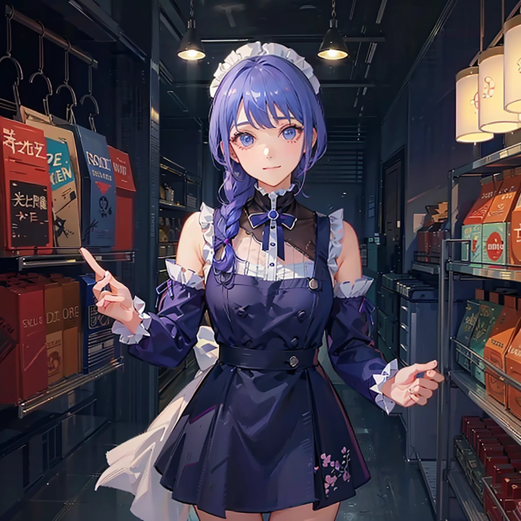 highest quality、masterpiece、Anime solid color、Colorful and unique space、One Girl、Purple hair, braided hair, bangs, big light blue eyes, energetic、Maid-style dress mini skirt、大きなハンマーを堕ち下ろす 当たっている場所から✨がたくさん勢いよく飛び散っている
