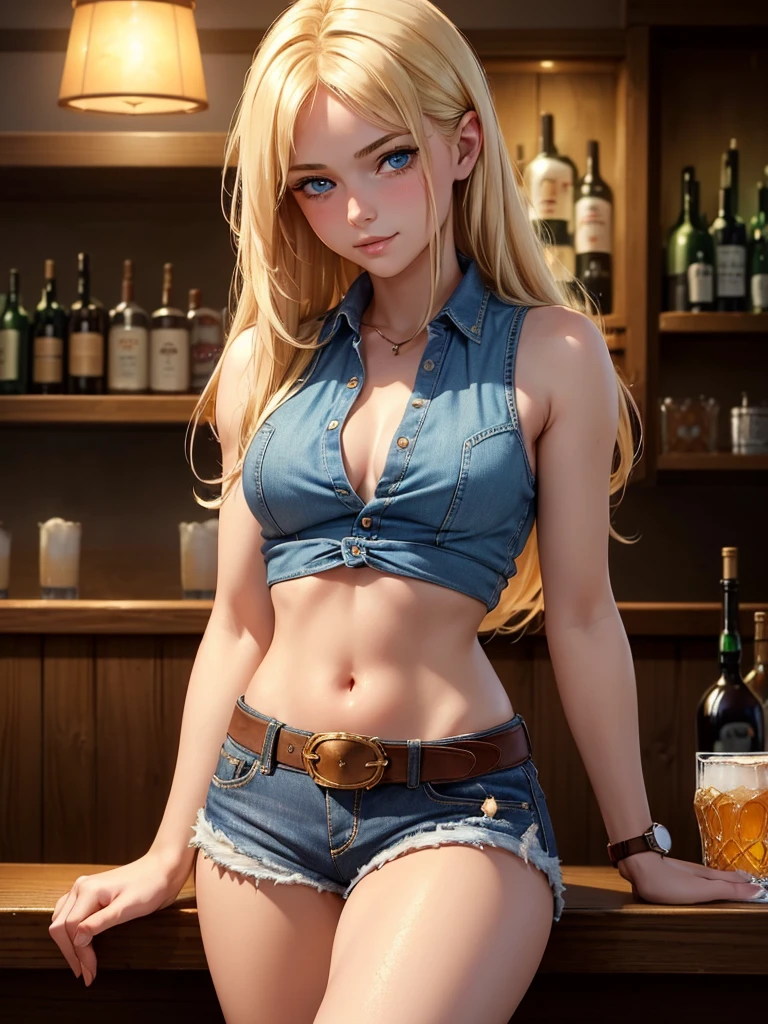 (masterpiece, highest quality:1.4), (8k), Beautiful young blonde woman, (((18-year-old, Pretty girl))), Detailed blue eyes, Long eyelashes, blush, A kind smile, Cowboy Shot, Sleeveless collared shirt. Small breasts, Denim shorts,belt,((watch:1.2)), (View Viewer), Beautiful blonde hair, White skin, Long Hair, Parted bangs,Navel exposed, (Small breasts), (basement), (Dark Light),(Being drunk:1.7),(Drinking at a bar:1.5)
