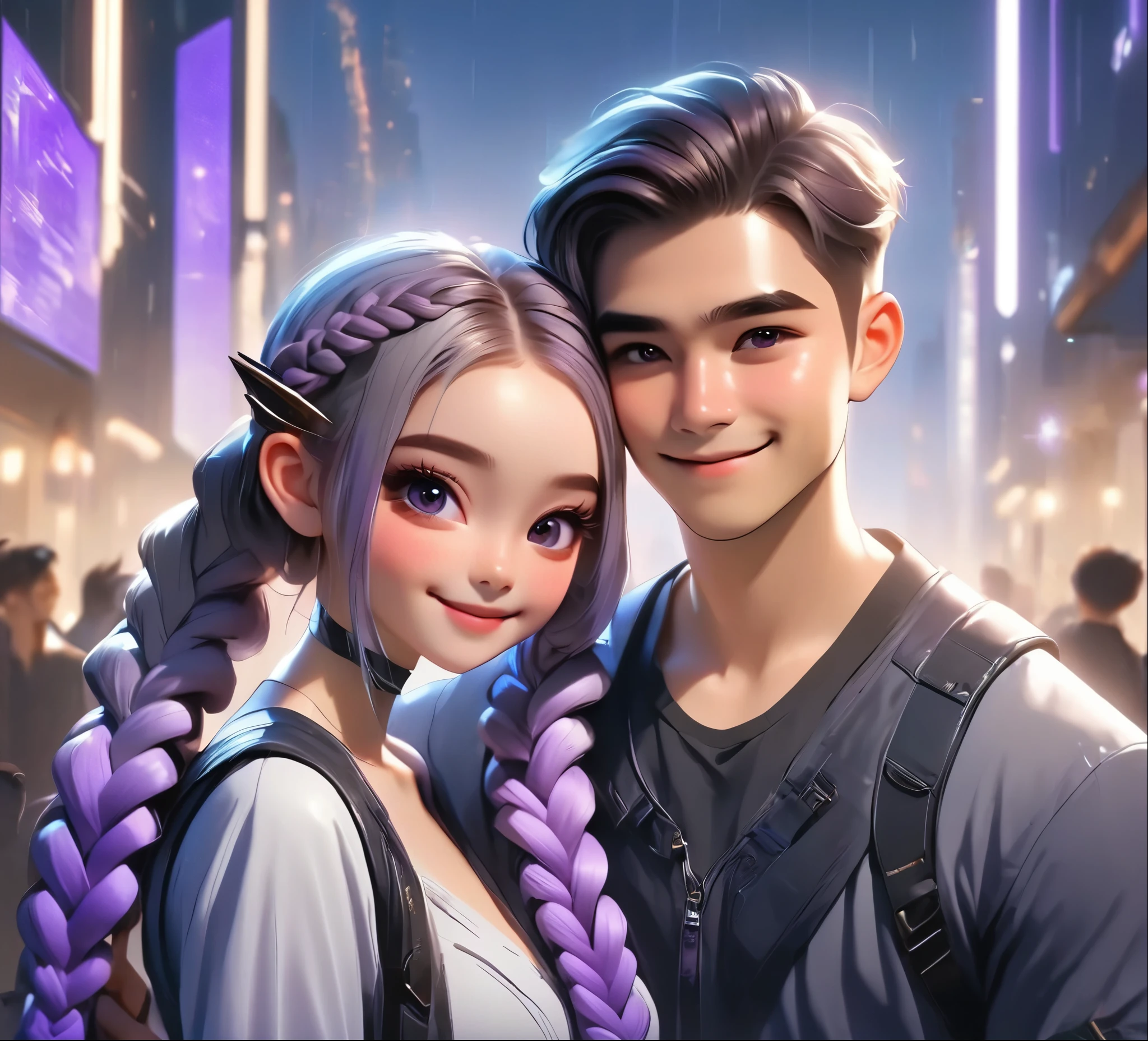 1 boy,Girl with purple and white gradient double braids,romantic couple,Smiling Face,as thick as thieves,Background blur,high quality,Artistic sense,cinematic atmosphere,Luxury lighting