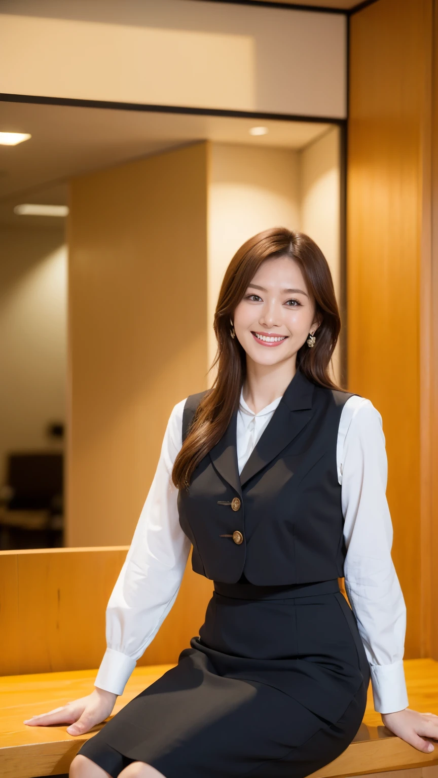 最high quality, In 8K, Masseter region, Vibrant, Sharp focus, high quality, High resolution, Detailed face, fine grain, Thick lips, (Looking at the audience), alone, Beautiful woman, 38 years old, Japanese women, (Short black hair:1.4)、(Bob Hair:1.4), Cleavage, Lunch break、(Silicon Valley IT company headquarters、Large lobby、High ceilings、Large windows、Sitting on a bench in the reception area:1.3)、(Full body photo:1)、(Japanese women)、(Female office worker uniform:1.8), (wearing a dark 青 vest over a white blouse:1.5), The vest has three gold buttons, (A red scarf around her neck)、(Knee-length dark blue skirt)、(Black pumps:1.5)、(Red lipstick:1.1)、(smile:1.3)、(standard body type)、(D cup breasts)