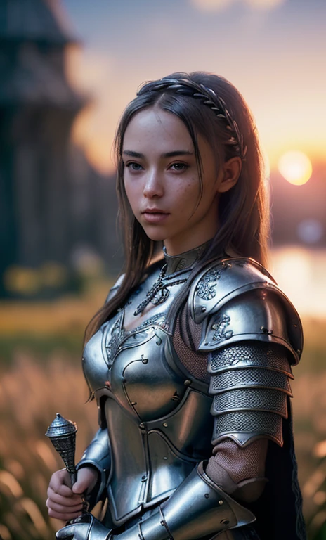 (masterpiece), (extremely intricate:1.3), (realistic), portrait of a girl, the most beautiful in the world, (medieval armor), metal reflections, upper body, outdoors, intense sunlight, far away castle, professional photograph of a stunning woman detailed, sharp focus, dramatic, award winning, cinematic lighting, octane render unreal engine, volumetrics dtx, (film grain, blurry background, blurry foreground, bokeh, depth of field, sunset, motion blur:1.3), chainmail