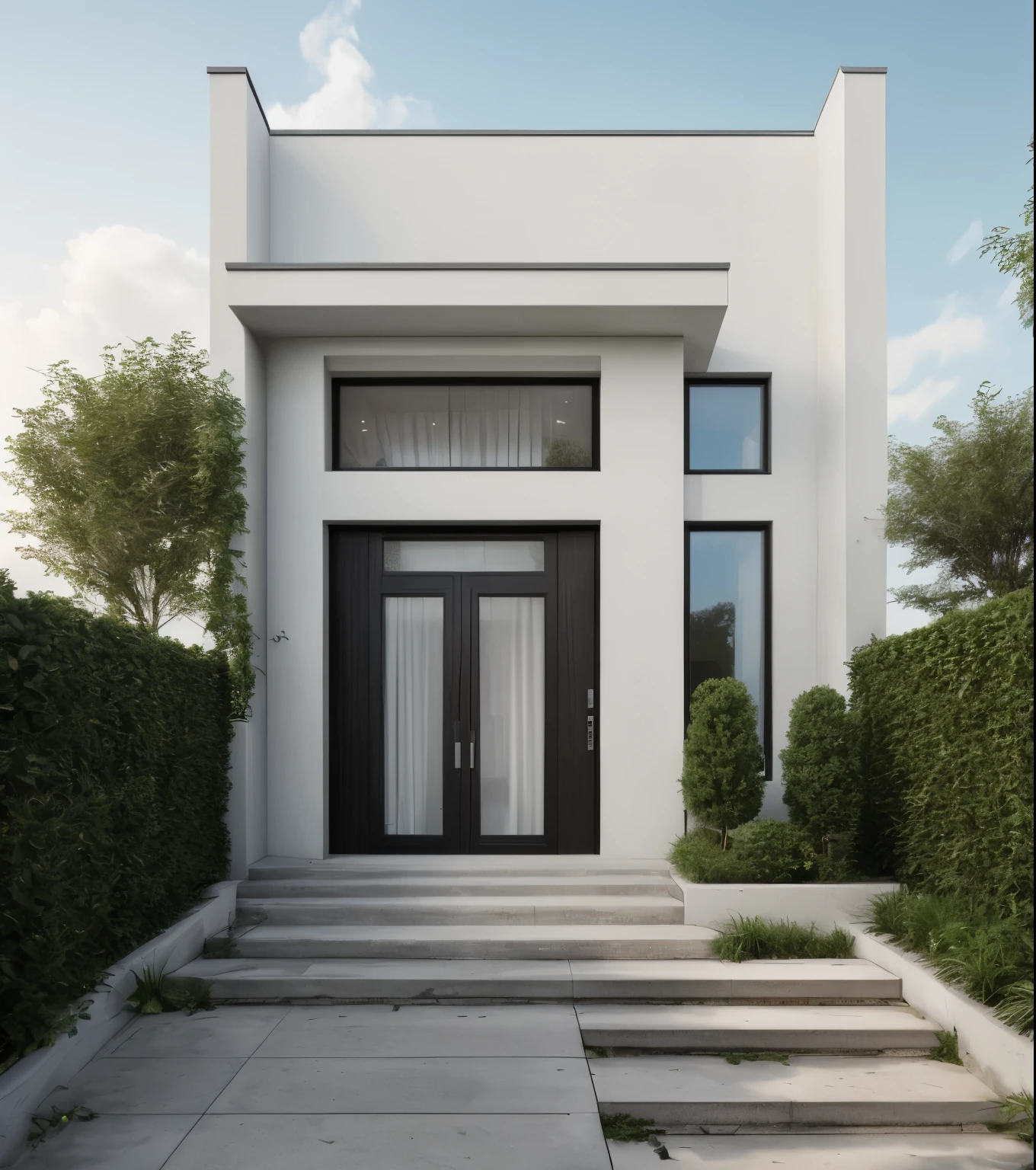 high quality, best quality, authentic, super detail, outdoors, onestoreyvillaXL, aiaigroup, house style modern on the street ,stairs, white wall ,road,pavement, grass, trees, sky, cloud, (daylight:1.1)