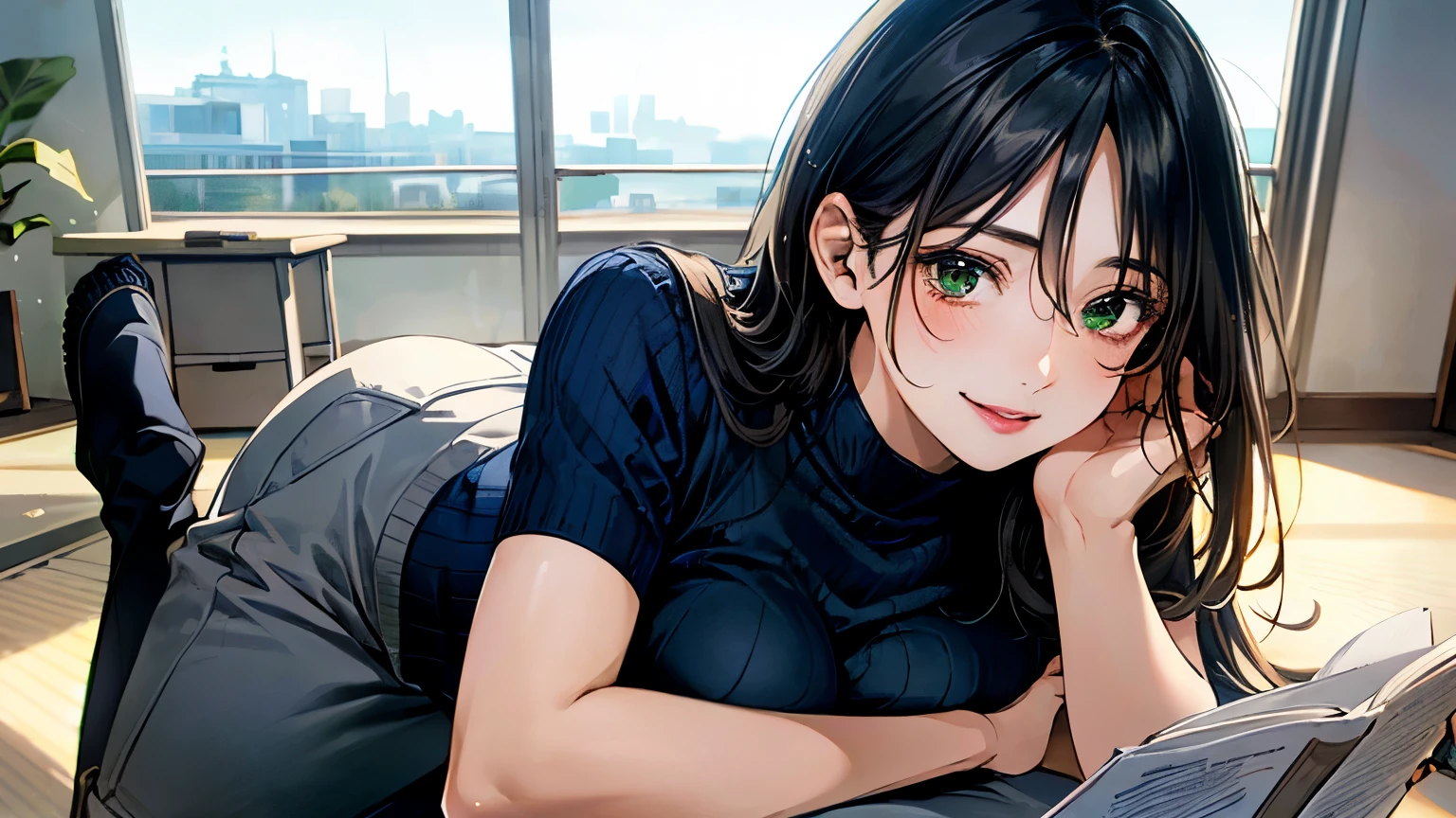 (masterpiece:1.3, highest quality, Ultra-high resolution, Super detailed), (Realistic, photoRealistic:1.4), Beautiful illustrations, Perfect lighting, Natural light, colorful, Depth of written boundary,
View Viewer, whole body, Front view:0.6, 1 girl, Japanese, office lady, 19 years old, Perfect Face, (Perfect Anatomy), Cute and symmetrical face, Baby Face, Shiny skin, ,
(Long Hair:1.7, Straight hair:1.2, Black Hair), Hair between the eyes, Emerald green eyes, Long Eyelashes, (Big Breasts:0.8),
Beautiful Hair, Beautiful Face, Beautiful fine details, Beautiful clavicle, Beautiful body, Beautiful breasts, Beautiful thighs, Beautiful feet, Beautiful fingers,
((Short sleeve navy high neck sweater, Grey stretch tapered pants), ID card),
(Beautiful views), Daytime, (Office Lounge),, (Smile, Half an eye, Lips parted),Reading a book,whole body,mini skirt,one person,whole body,Attractive legs