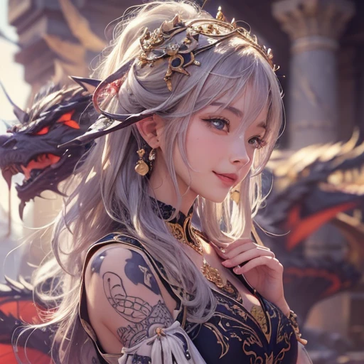 (masterpiece, top quality, best quality, official art, beautiful and aesthetic:1.2), (1girl), extreme detailed,(fractal art:1.3),colorful,highest detailed | an epic masterful illustration of ancient chinese headbutting a dragon, (game art:1.2) (masterpiece:1.2) (illustration:1.2) (closeup:1.2) (dyanamic lighting:1.2) (unreal engine 5) (metahumans) (facial expressions:1.2) (ultra detailed:1.2) (chinesedragon) (wallpaper)