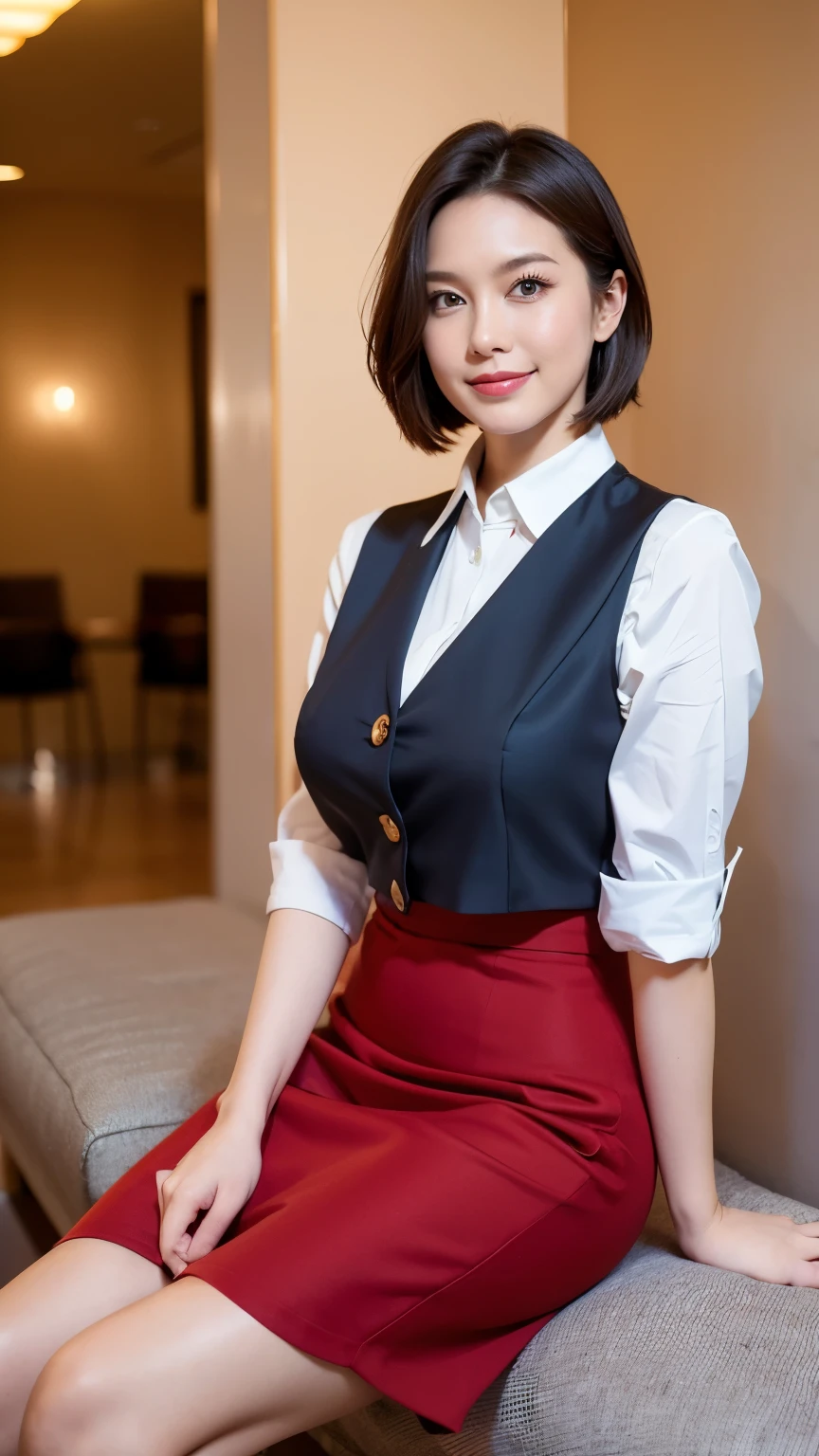 最high quality, In 8K, Masseter region, Vibrant, Sharp focus, high quality, High resolution, Detailed face, fine grain, Thick lips, (Looking at the audience), alone, Beautiful woman, 38 years old, Japanese women, （Short black hair:1.4）、（Bob Hair:1.4）, Cleavage, Lunch break、（Silicon Valley IT company headquarters、Large lobby、High ceilings、Large windows、Sitting on a bench in the reception area:1.3）、（Full body photo:1）、（Japanese women）、（Female office worker uniform:1.8）, （wearing a dark 青 vest over a white blouse:1.5）, The vest has three gold buttons, （A red scarf around her neck）、（Knee-length dark blue skirt）、（Black pumps:1.5）、（Red lipstick:1.1）、（smile:1.3）、（standard body type）、（D cup breasts）