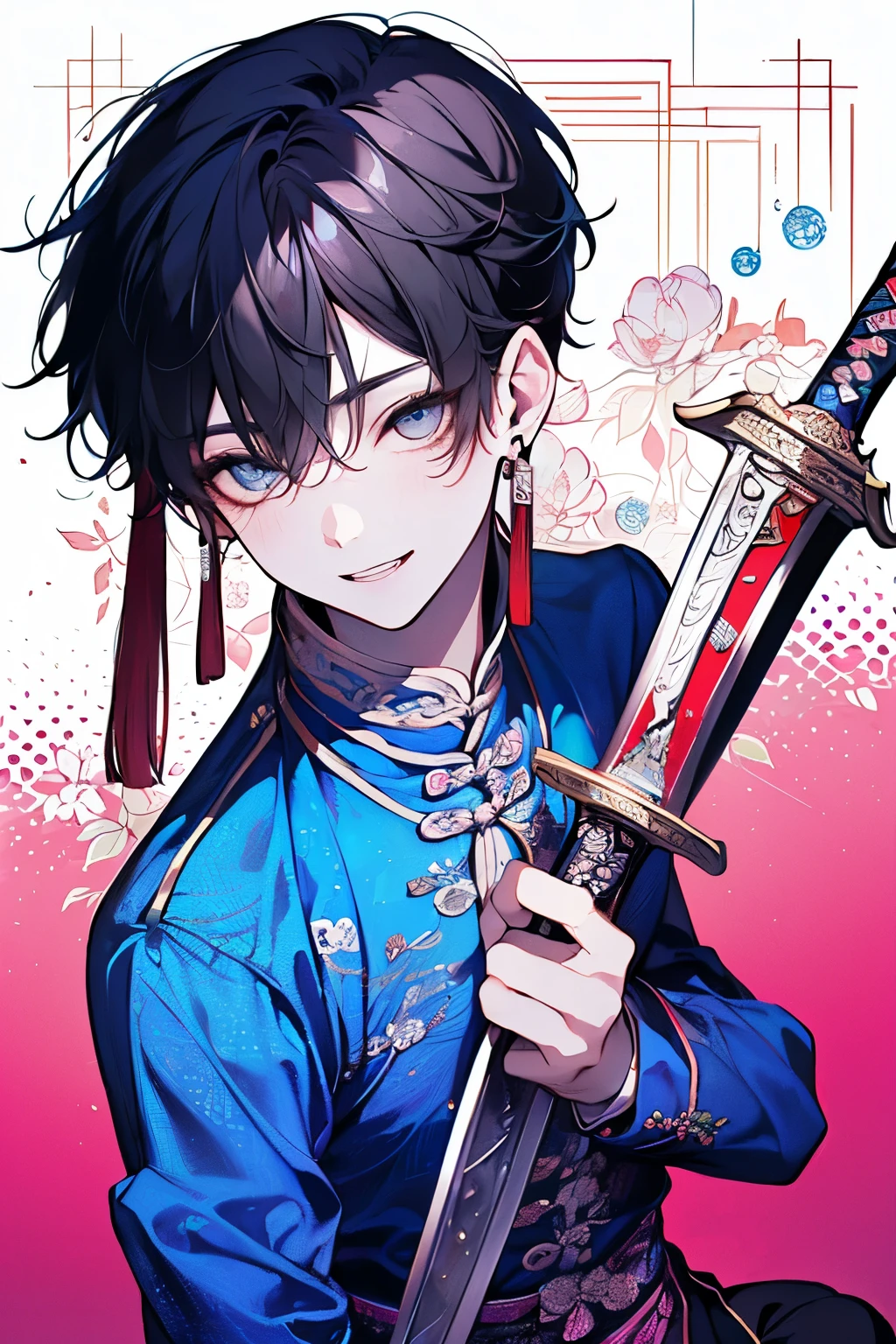 ( boy:1.45)、(masterpiece、highest quality、highest quality、Beautiful and beautiful:1.2)、(Good anatomy:1.5)、((dancing with a sword:1.2))、((Performance:1.2))、(Hanfu costume:1.35)、Her cheeks are flushed and she smiles happily.、Close-up of face、Large earrings、(Polka dot pattern background:1.3)