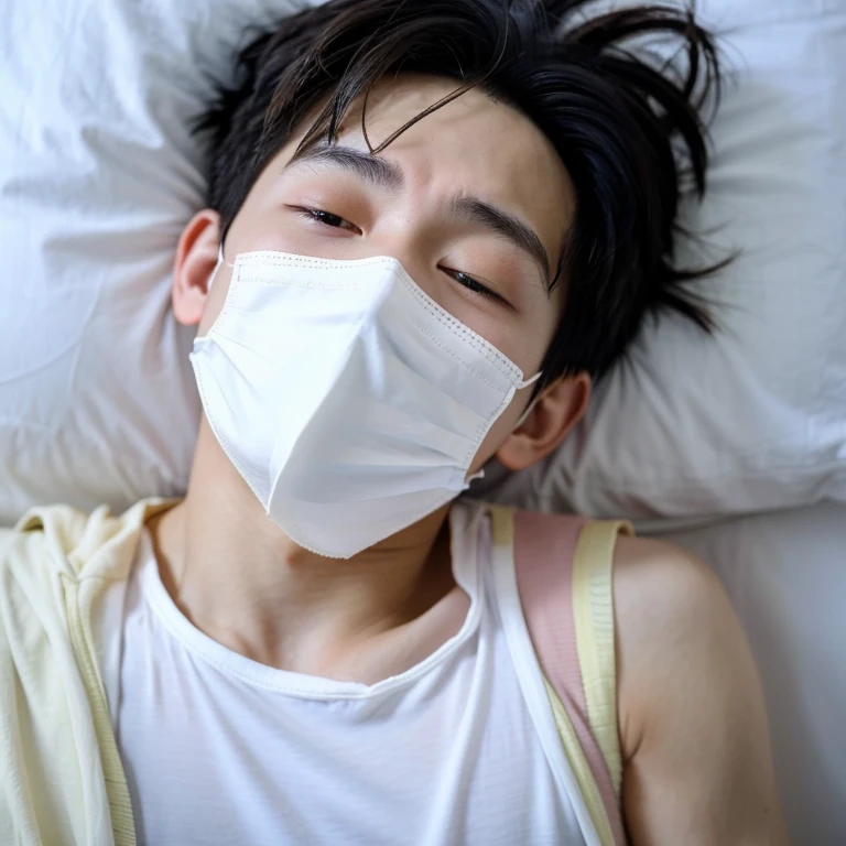 good looking10A boy of about 18 years old is suffering from an infectious disease..、Expressions of suffering. He is wearing a white mask. He has a high fever. he is sleeping. He has a cough. He is exhausted. He is taking his temperature with a thermometer. He is dying. He is cooling his forehead with a cooling gel sheet...