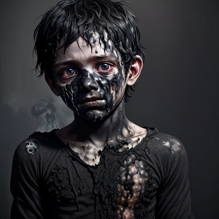 A boy covered in soot and in tatters with burnt clothes after a failed experiment