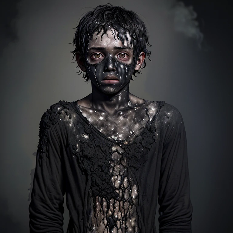 A boy covered in soot and in tatters with burnt clothes after a failed experiment