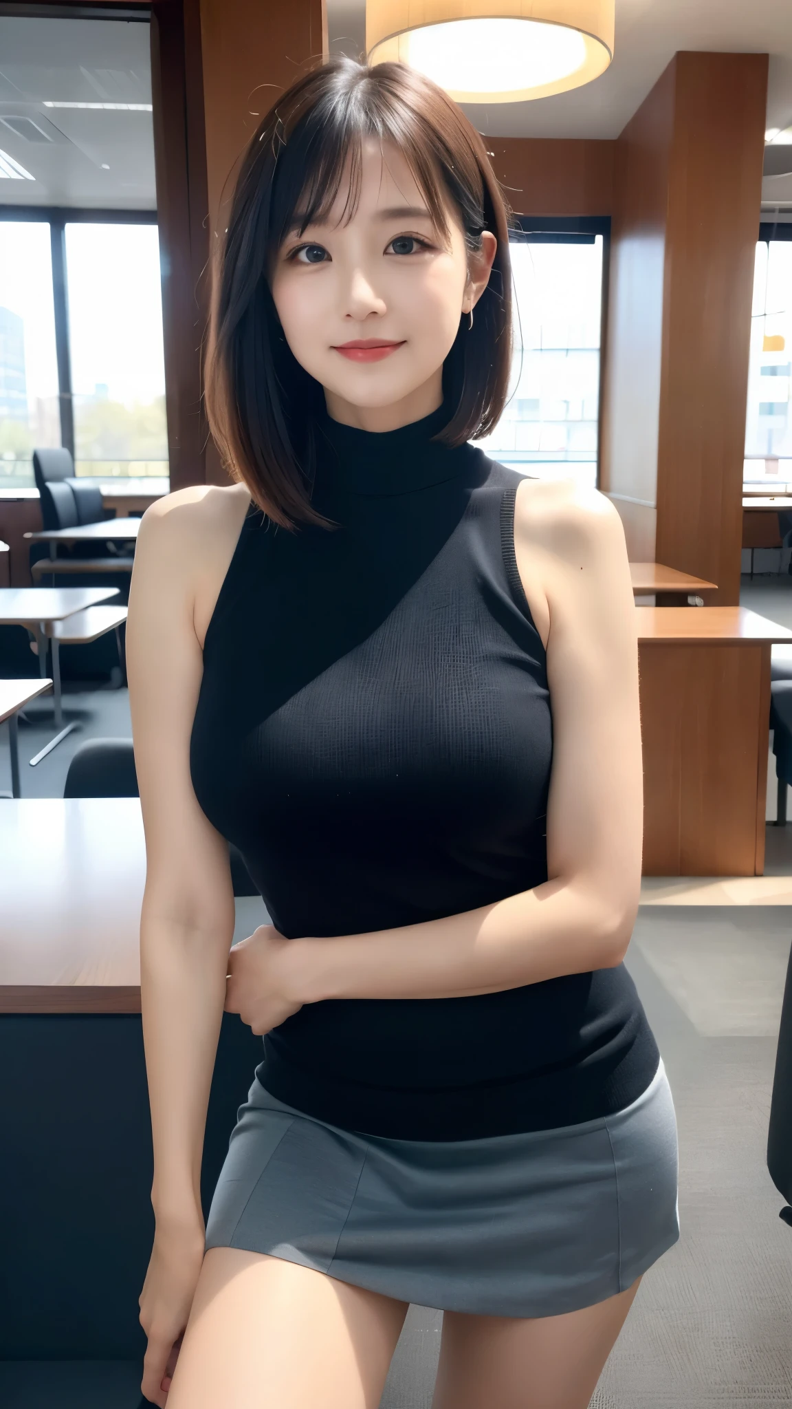 (((masterpiece))), (((highest quality: 1.4))), ((Super detailed: 1.4)) ,ulzzang-6500-v1.1,  (RAW Photos:1.2), (Photorealistic), Beautiful details, (Genuine: 1.4), One woman、Very detailed目と顔, Beautiful and fine details, Standing in the office、(Sleeveless high neck sweater、Knee-length flared skirt:1.3)、(Ultra-realistic pantyhose:1.6、High heels)、Stand with your legs crossed、Large file size, High resolution, Very detailed, highest quality, [masterpiece:1.6], Awareness-raising, Very detailed, Hmph, In detail, highest quality, 8k wallpaper, Cinema Lighting, One mature woman, 43 years old, Perfect figure, Cute droopy eyes、Beautiful big eyeastepiece)), highest quality, One mature woman, eye shadow, Portraiture, ((Full Body Shot:1.12))、(A very loving smile:1.2)、 (Random Porn Pose), Natural Skin Shader, Volumetric, Warm shades beneath her skin,