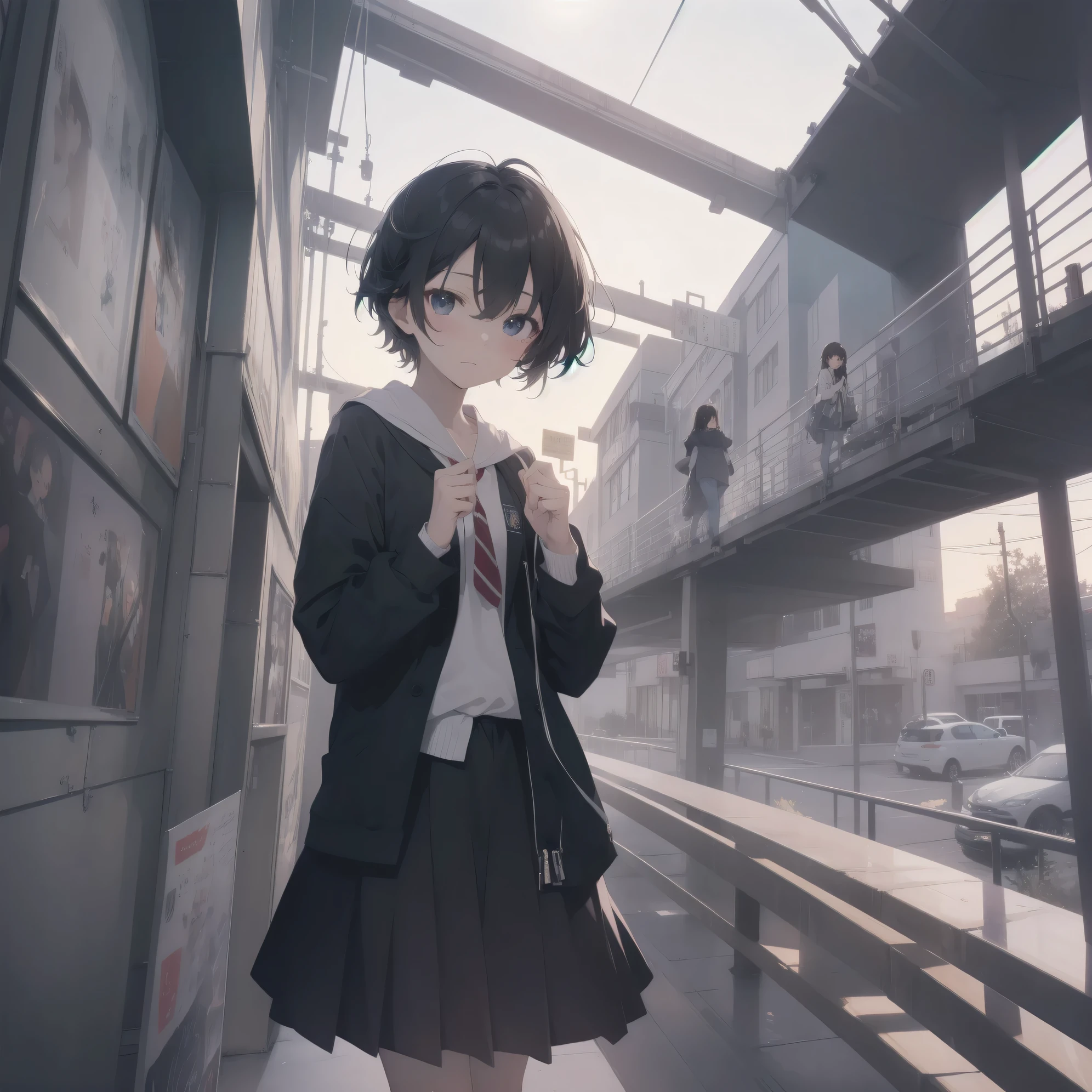 ultra-absurdres-Top quality by artist God, ultra-detailed, high resolution, anime moe artstyle, best anime 8k konachan wallpaper, pixiv contest winner, pool:2810, perfect anatomy,break, 1girl, (Please draw a girl walking sleepily to school alone. )break,(Solo,little female, 13-year-old:1.3),Full limbs, complete fingers,a junior high school student, (very short hair), short cut, flat chest, , small butt, small black eyes, beautiful detailed eyes, well-proportioned iris and pupils, expressive eyes, highres detailed hair, soft expression, salor school_uniform, sailor collar, serahuku, bow, pleated skirt,(Detailed Lighting), (Detailed background), in the School commute route. break,super detailed skin, Best cinematic lighting powered by famous artist, 8k,beauty illustration,photoshop_(medium),very aesthetic,break,((artist:yua_(checkmate) )), artist:clamp ,artist:carnelian ,artist:kantoku ,