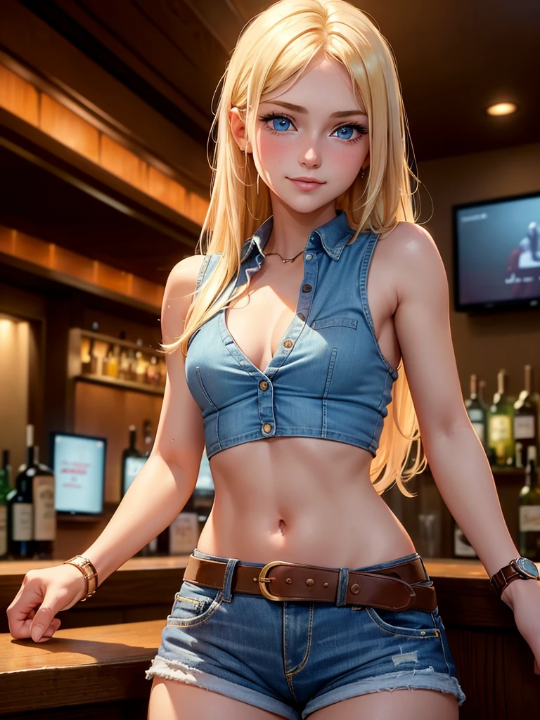 (masterpiece, highest quality:1.4), (8k), Beautiful young blonde woman, (((18-year-old, Pretty girl))), Detailed blue eyes, Long eyelashes, blush, A kind smile, Cowboy Shot, Sleeveless collared shirt. Small breasts, Denim shorts,belt,((watch:1.2)), (View Viewer), Beautiful blonde hair, White skin, Long Hair, Parted bangs,Navel exposed, (Small breasts), (basement), (Dark Light),(Being drunk:1.7),(Drinking at a bar:1.5)