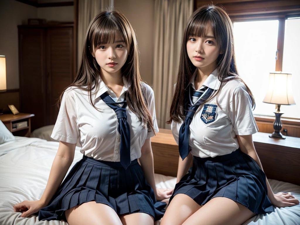 (RAW photo, 4k, masterpiece, high resolution, extremely complex) (realistic: 1.4), cinematic lighting
((2 girls, 2 schoolgirls)),Slam Dunk's,blushing,((innocent)),(Dark makeup),bright eyes,round eyes,blunt bangs,(straight hair:1.3),black hair,large breasts,wide hips,Summer Noon, 20 year old girl、cute type、lolita,Hot, (Best Quality), (Highres), (an Extremely Delicate and Beautiful),(Beautiful 8k face),(Brown eyes),short bob hair,( spectators),(gigantic breasts),(Play with each other,Touching each other's bodies,Touching the body),(Japanese high school uniform:1.3),blue skirt,(reality),bright lighting,(The background is a luxury hotel room)
