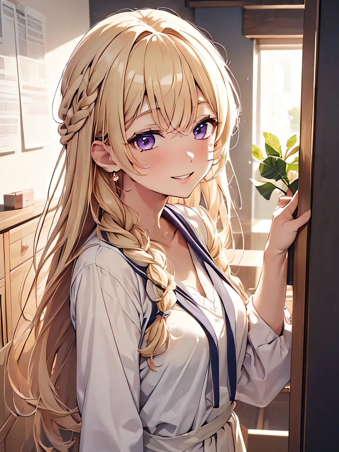 (masterpiece, best quality:1.4), 8k, Close Up, Light Pastel Blonde Hair, Long Braided Hair, Young adult, anime girl, Smiling, Happy, light purple Eyes, Medium Chest, Beige Casual Dress  (detailed eyes and face, sharp pupils, realistic pupils:0.6)