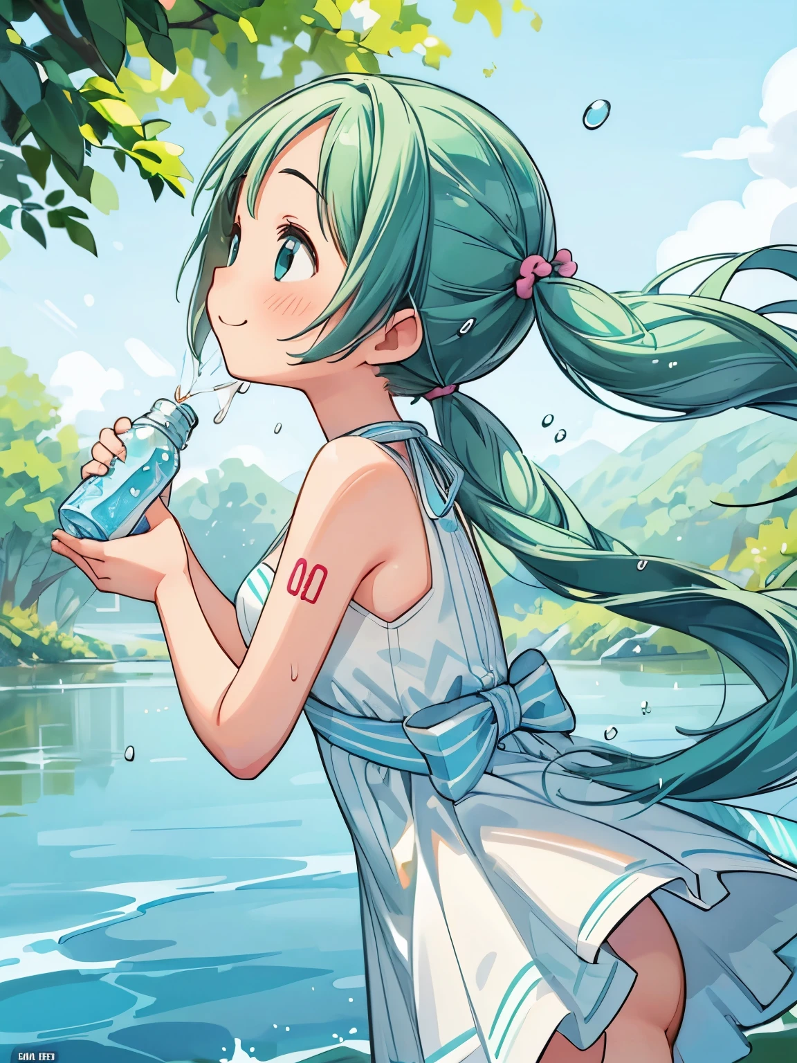 (masterpiece、highest quality、highest quality、Official Art、Beautiful and beautiful:1.2)、(One girl:1.3)Hatsune Miku、Twin tails,Big Breasts,Midsummer、Girl pouring water from a plastic bottle onto her head、Water Drop、smile、Shooting from the side
