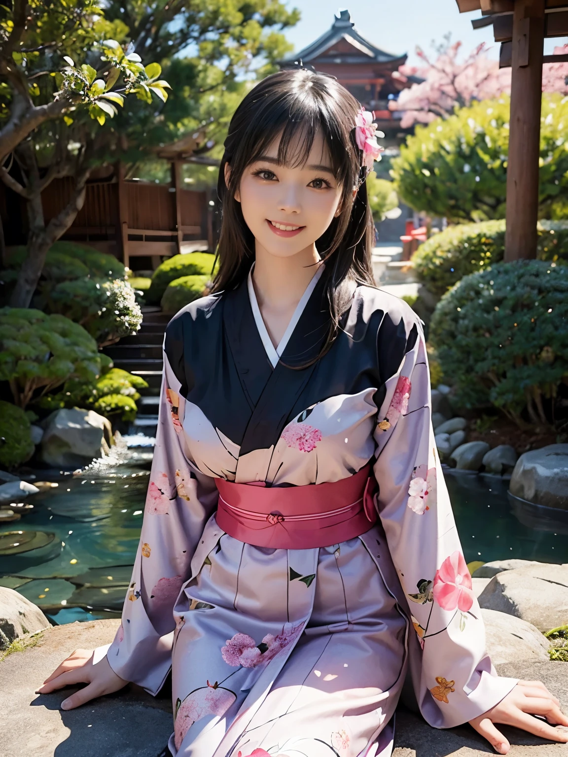 (ultra realistic), (best illustration), (increase resolution), (8K), (masterpiece), (wallpaper), solo, 1 girl, looking at viewers, black straight hair, slender body, plump breasts, pureerosfaceace_v1, happy smile, pink floral Yukata, Japanese Garden
