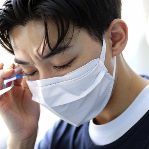 good looking10A boy of about 18 years old is suffering from an infectious disease..、Expressions of suffering. He is wearing a white mask. He has a high fever. he is sleeping. He has a cough. He is exhausted. He is taking his temperature with a thermometer. He is dying. He is cooling his forehead with a cooling gel sheet...