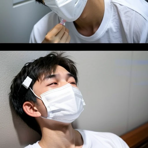 good looking10A boy of about 18 years old is suffering from an infectious disease..、Expressions of suffering. He is wearing a white mask. He has a high fever. he is sleeping. He has a cough. He is exhausted. He is taking his temperature with a thermometer. He is dying. He is cooling his forehead with a cooling gel sheet...