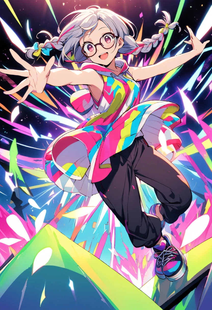 Dance,Artistic jump,break dance,Strenuous movements,vibrancy,solo,Fluttering hair,japanese ,a small face,16yo,Brigmile,half-open mouth,(glasses, twin braids),(short pants,sleeveless hoodie,platform sneakers),(delicate detailed fingers,Detailed body,detailed arms,detailed hand),(beautiful Detailed face),dynamic pose,enjoy dancing,