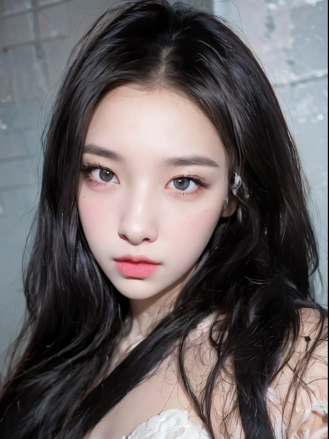 A young woman with long hair is taking a photo, 19 year old girl, Transparent lips and high quality, Small lips, pointed nose, 🤤 girl portrait, 1 8 I,  korean, Yoshitomo Nara, sakimichan, 22 years, Best Face, 8k selfie photo