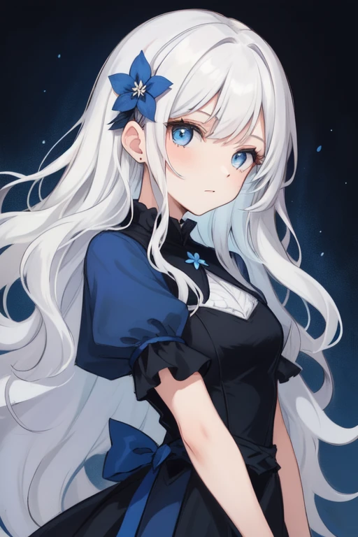 girl with long, wavy white hair and light blue eyes. wearing a dark blue medieval dress and a blue flower barrette in her hair.