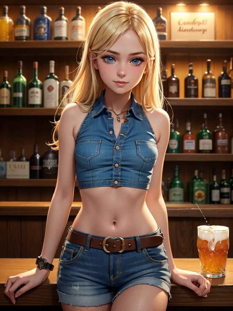 (masterpiece, highest quality:1.4), (8k), Beautiful young blonde woman, (((18-year-old, Pretty girl))), Detailed blue eyes, Long eyelashes, blush, A kind smile, Cowboy Shot, Sleeveless collared shirt. Small breasts, Denim shorts,belt,((watch:1.2)), (View Viewer), Beautiful blonde hair, White skin, Long Hair, Parted bangs,Navel exposed, (Small breasts), (basement), (Dark Light),(Being drunk:1.7),(Drinking at a bar:1.5)