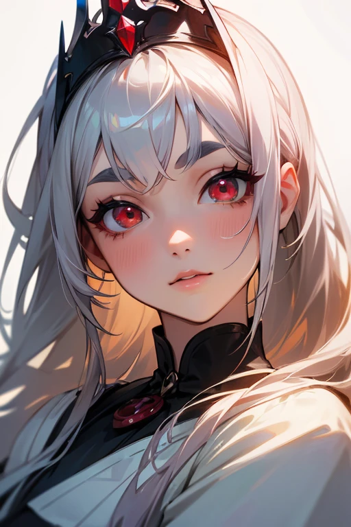 (highest quality, masterpiece:1.2), High resolution, Very detailed, Realistic:1.37, Fantasy, An illustration, Hair is whiteいです、Red eyes、Queen, dress.Platinum decoration、beautifully、Eyeshadow Red、Thick eyebrows、Long eyelashes、pupils are black、Hair is whiteい、Kissing Face、Embarrassing、Loved、ponytail、Hair is white、very cute、Shoulder Bare、platinum tiara、Beautiful hair ornaments、Silver Tiara、Sharpen your face、Adult women、A sharp face、