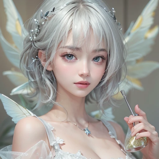 (masterpiece:1.3), (8k, Realistic, RAW Photos, Best image quality: 1.4), Fair-skinned fairy woman、short hair、Cleavage:2.0、Highly detailed face、Attention to detail、double eyelid、Sharp focus:1.2、Beautiful woman:1.4、Silvery white hair、highest quality、masterpiece、Ultra-high resolution、(Realistic:1.4)、Highly detailed and professionally lit smiles、Loose, Light,Japanese high 、 one person、whole body,　I eat breakfast 