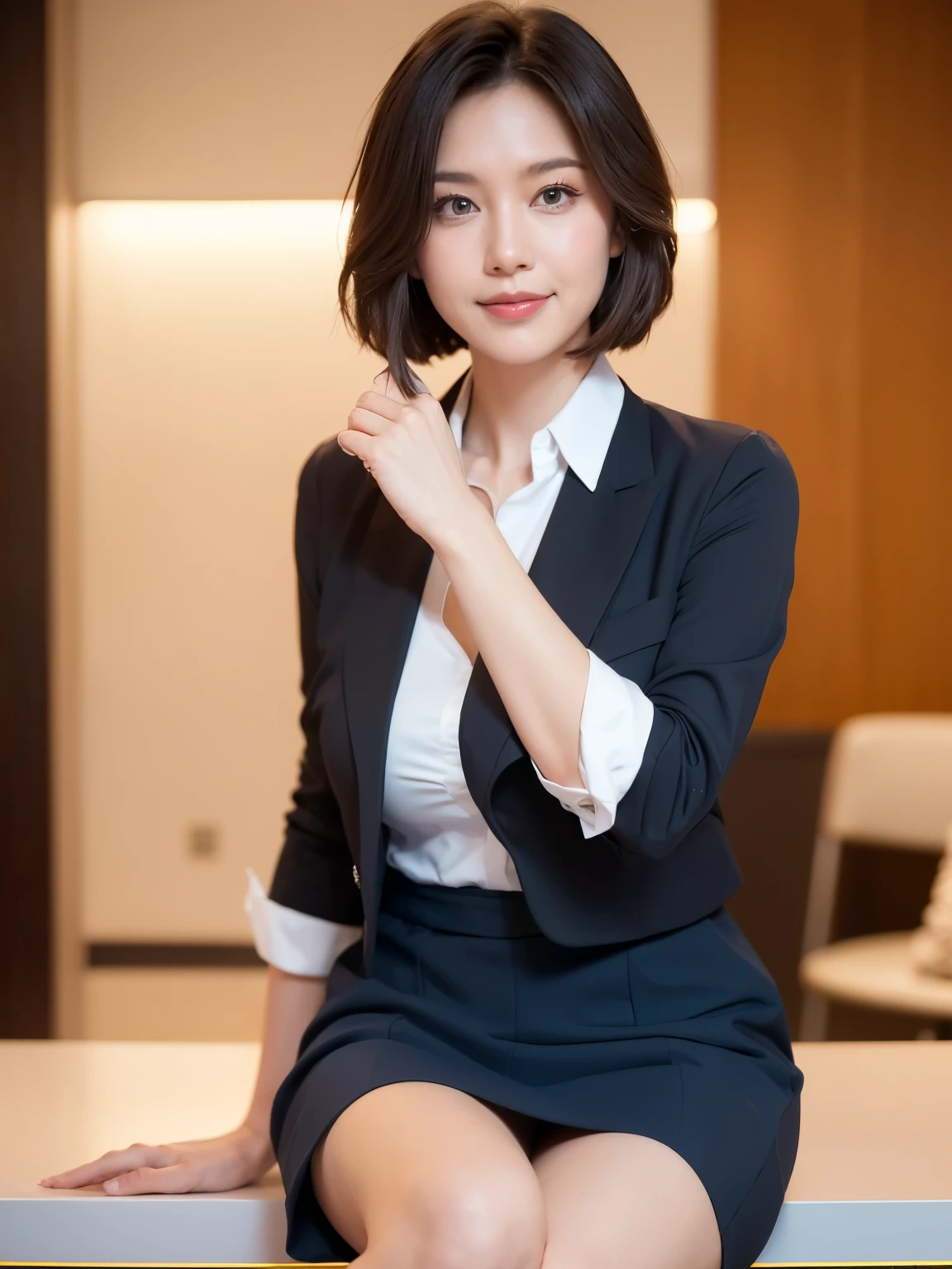 最high quality, In 8K, Masseter region, Vibrant, Sharp focus, high quality, High resolution, Detailed face, fine grain, Thick lips, (Looking at the audience), alone, Beautiful woman, 38 years old, Japanese women, (Short black hair:1.4)、(Bob Hair:1.4), Cleavage, Lunch break、Cutting-edge company headquarterodern building lobby、Large reception counter、(sitting behind the counter:1.3)、(Upper body photo:1)、(Japanese women)、(Mitsubishi Bank uniform:1.8), (wearing a dark 青 vest over a white blouse:1.5), The vest has three gold buttons, (Red, blue and white ribbon around his neck:1.6)、(Knee-length dark blue skirt)、(Black pumps:1.5)、(Red lipstick:1)、(smile:1.3)、(standard body type)、(D cup breasts)