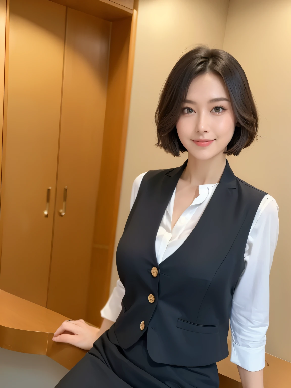 最high quality, In 8K, Masseter region, Vibrant, Sharp focus, high quality, High resolution, Detailed face, fine grain, Thick lips, (Looking at the audience), alone, Beautiful woman, 38 years old, Japanese women, （Short black hair:1.4）、（Bob Hair:1.4）, Cleavage, Lunch break、Cutting-edge company headquarterodern building lobby、Large reception counter、（sitting behind the counter:1.3）、（Upper body photo:1）、（Japanese women）、（Mitsubishi Bank uniform:1.8）, （wearing a dark 青 vest over a white blouse:1.5）, The vest has three gold buttons, （Red, blue and white ribbon around his neck:1.6）、（Knee-length dark blue skirt）、（Black pumps:1.5）、（Red lipstick:1）、（smile:1.3）、（standard body type）、（D cup breasts）