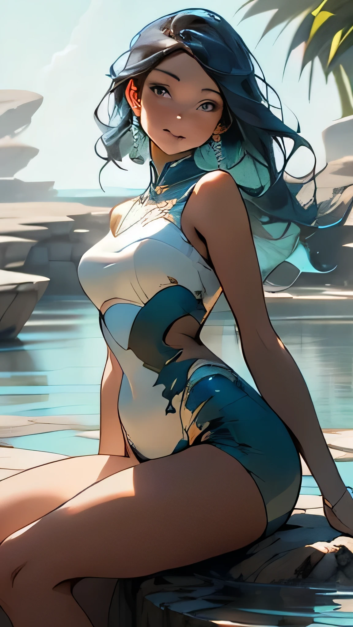 In the center of the scene stands a beautiful young woman with a graceful, curvaceous figure, radiating confidence and elegance. Her porcelain skin glows softly against the serene backdrop of a tranquil blue sea, creating a striking contrast. With flowing, sapphire-blue hair cascading over her shoulders and a warm, inviting smile, she embodies natural beauty and timeless charm. Her poised stance and delicate features capture the essence of feminine allure, inviting viewers to appreciate the harmonious blend of her captivating presence and the serene surroundings. The composition exudes a sense of tranquility and beauty, making it a truly enchanting image.