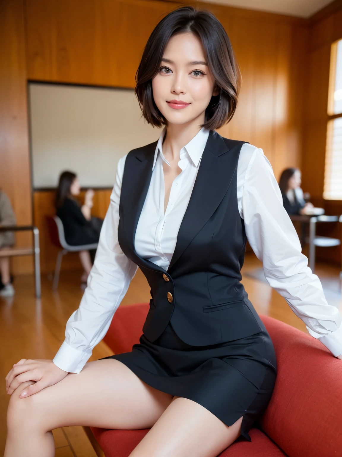 最high quality, In 8K, Masseter region, Vibrant, Sharp focus, high quality, High resolution, Detailed face, fine grain, Thick lips, (Looking at the audience), alone, Beautiful woman, 38 years old, Japanese women, （Short black hair:1.4）、（Bob Hair:1.4）, Cleavage, Lunch break、（Silicon Valley IT company headquarters、Large lobby、High ceilings、Large windows、Sitting on a bench in the reception area:1.3）、（Full body photo:1）、（Japanese women）、（Female office worker uniform:1.8）, （wearing a dark 青 vest over a white blouse:1.5）, The vest has three gold buttons, （A red scarf around her neck）、（Knee-length dark blue skirt）、（Black pumps:1.5）、（Red lipstick:1.1）、（smile:1.3）、（standard body type）、（D cup breasts）