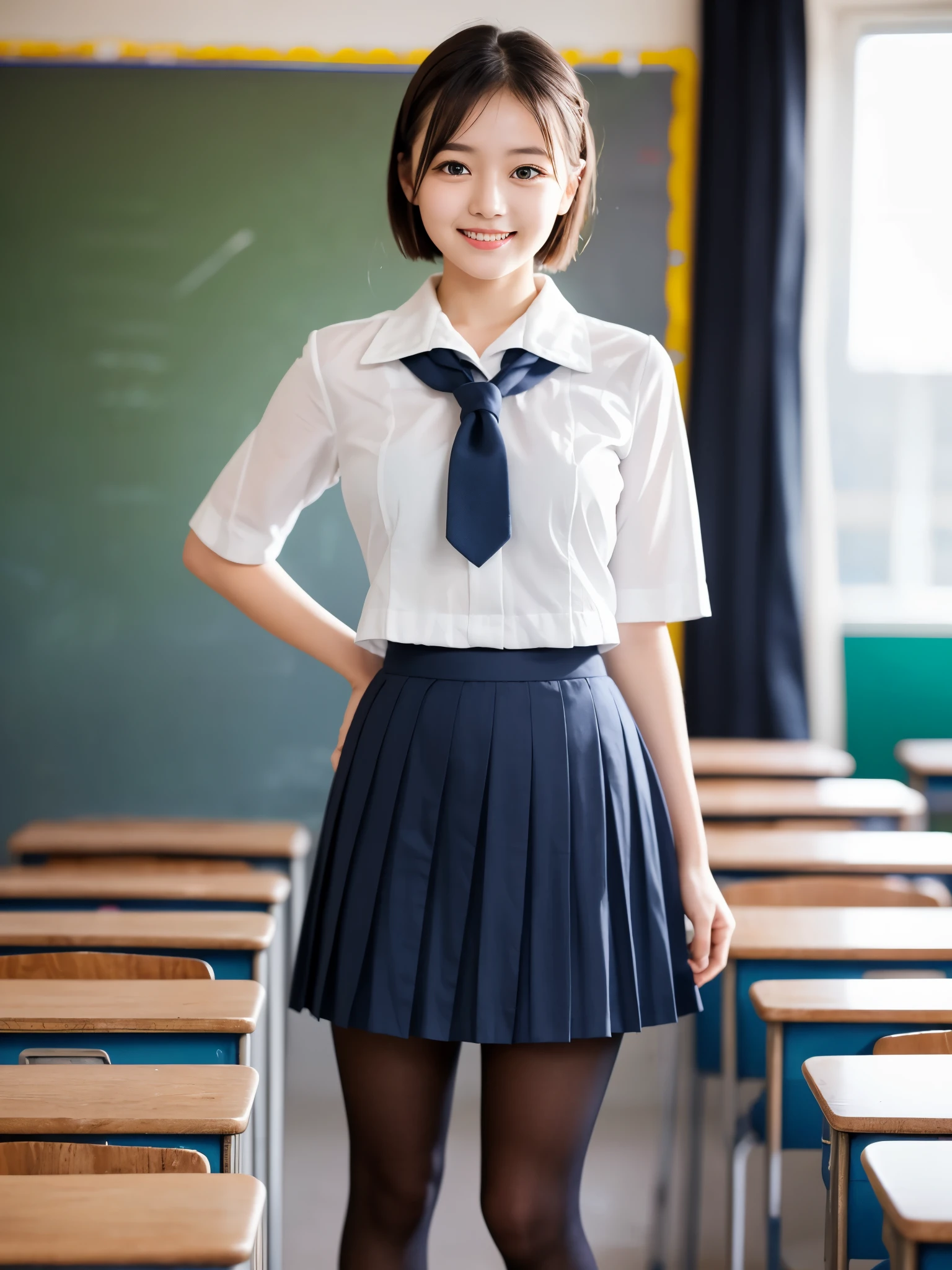(((masterpiece))), (((highest quality: 1.4))), ((Super detailed: 1.4)) , ulzzang-6500-v1.1, (RAW Photos:1.2), (Realistic), Beautiful detailed girl, (Genuine: 1.4), Very detailedな目と顔, Beautiful and detailed, (((School, classroom, Pleated mini skirt, uniform, serafuku:1.3)))、(Ultra-realistic pantyhose:1.2), (shoes:1.2), (I have short hair)、 (A very loving smile:1.2)、Large file size, High resolution, Very detailed, highest quality, [masterpiece:1.6], Consciousness upward, Very detailed, Hmph, In detail, highest quality, 8k wallpaper, Cinema Lighting, One Girl, 17 years old, Perfect figure, Cute droopy eyes、Beautiful big eyes、 ((masterpiece)), highest quality, One Girl, eye shadow, Portraiture, ((Full Body Shot:1.2))、
