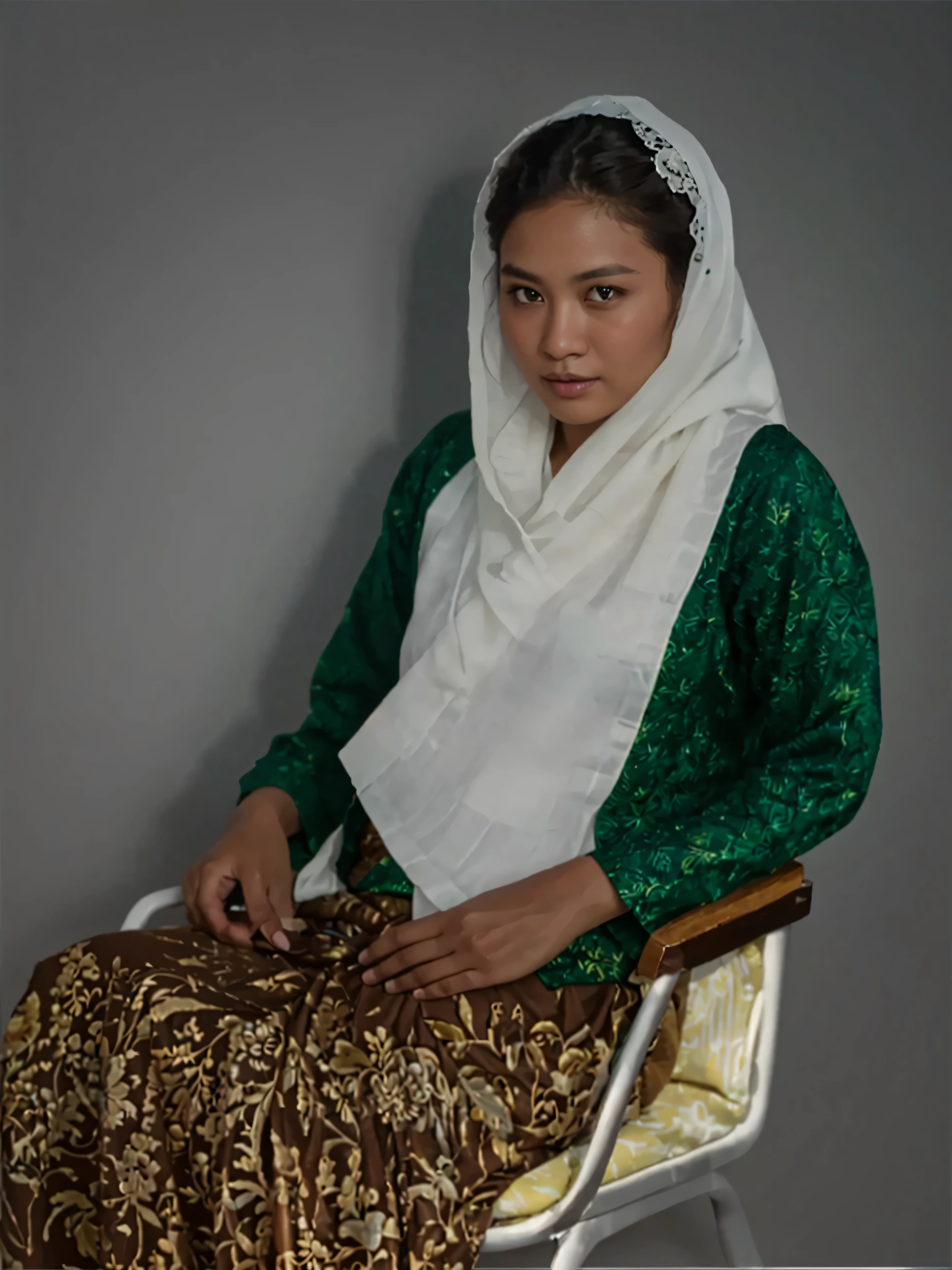Make this photo look detailed and realistic, There is a woman sitting in a chair with a white scarf and and green batik kebaya, 2 0 years old woman, from indonesia, a colorized photo, hand - tinted, color portrait, restored color, potrait, colorized photo, colourized, photo in color, colorized photograph, photo of a woman, colored photo, traditional portrait, colorized, modern portrait, very detailed potrait, realistic portrait photo, profile portrait, very detailed face, very realistic face, very perfected face, very detailed clothes, very realistic clothes, very perfected clothes, enhanced potrait, full potrait, perfected arms, perfected arms, perfected hands, vintage chair, old chair