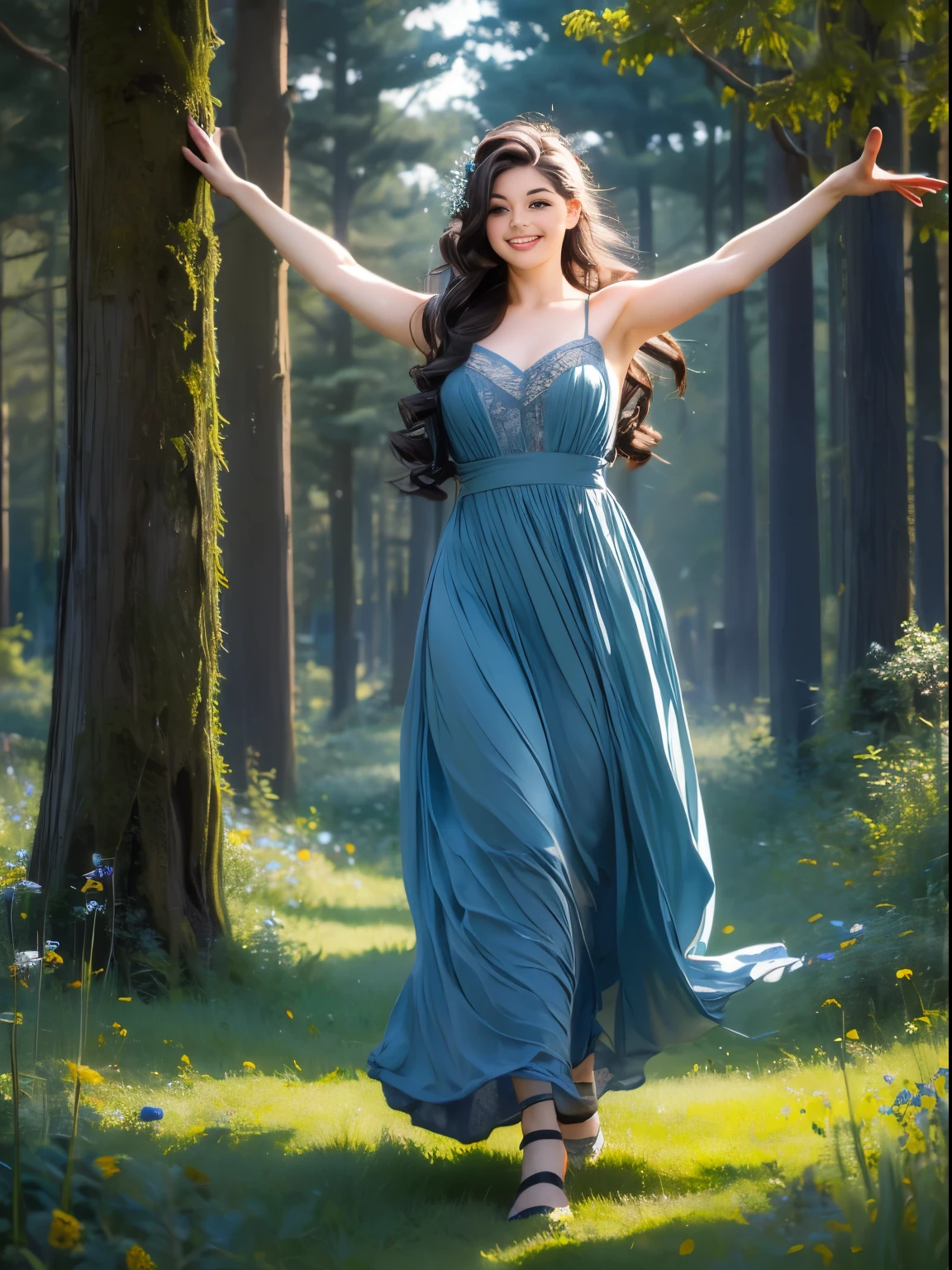 painting of a woman in a forest with a light shining on her, the moonlit dance of the fae, concept art magical highlight, enchanted with nature spirit, fireflies and sparkling wisps, magical concept art, in a magical forest, a friendly wisp, in the magical forest, magical forest with fireflies, in a forest at night, fairytale painting