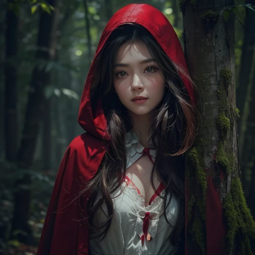 (sfw:1.2) korean 1girl, as furious (little red riding hood) wearing a frightening (red-white dress and a red hooded robe), picnic basket, exploring a haunting forest,natural light, vanitas,woe,curse, kazuhiro_hori, Pink_Hell, <lora:Kazuhiroi_Hori:1>