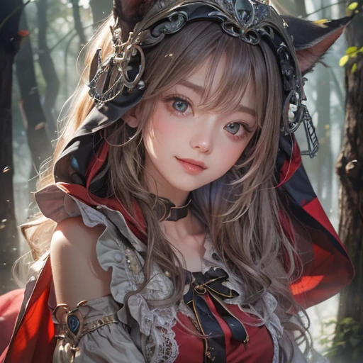 Standing in the forest、Hair flow、 ((highest quality、masterpiece、8k、Best image quality、Ultra-high resolution、Award-winning works)、(Accurate anatomy:1.1)、(Look at me and smile:1.1)、Shining fair skin with Ultra-high resolution、The most detailed face、Ultra-high resolution detailed face、Ultra-high resolutionの髪の毛、(Ultra-high resolution eye:1.1)、Beautiful face drawn in every detail、little red riding hood Costumes , Chest to chest, Strange atmosphere, A real werewolf stares at her..., Dark Light, in the forest , Heavy makeup