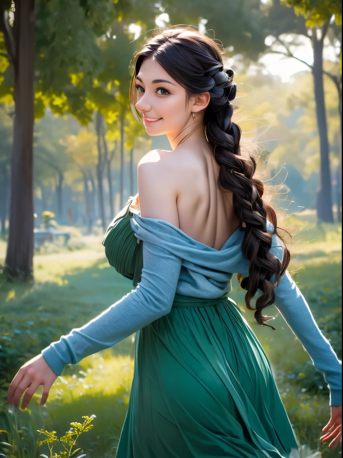 painting of a woman in a forest with a light shining on her, concept art by Jason Benjamin, trending on cgsociety, fantasy art, the moonlit dance of the fae, concept art magical highlight, enchanted with nature spirit, fireflies and sparkling wisps, magical concept art, in a magical forest, a friendly wisp, in the magical forest