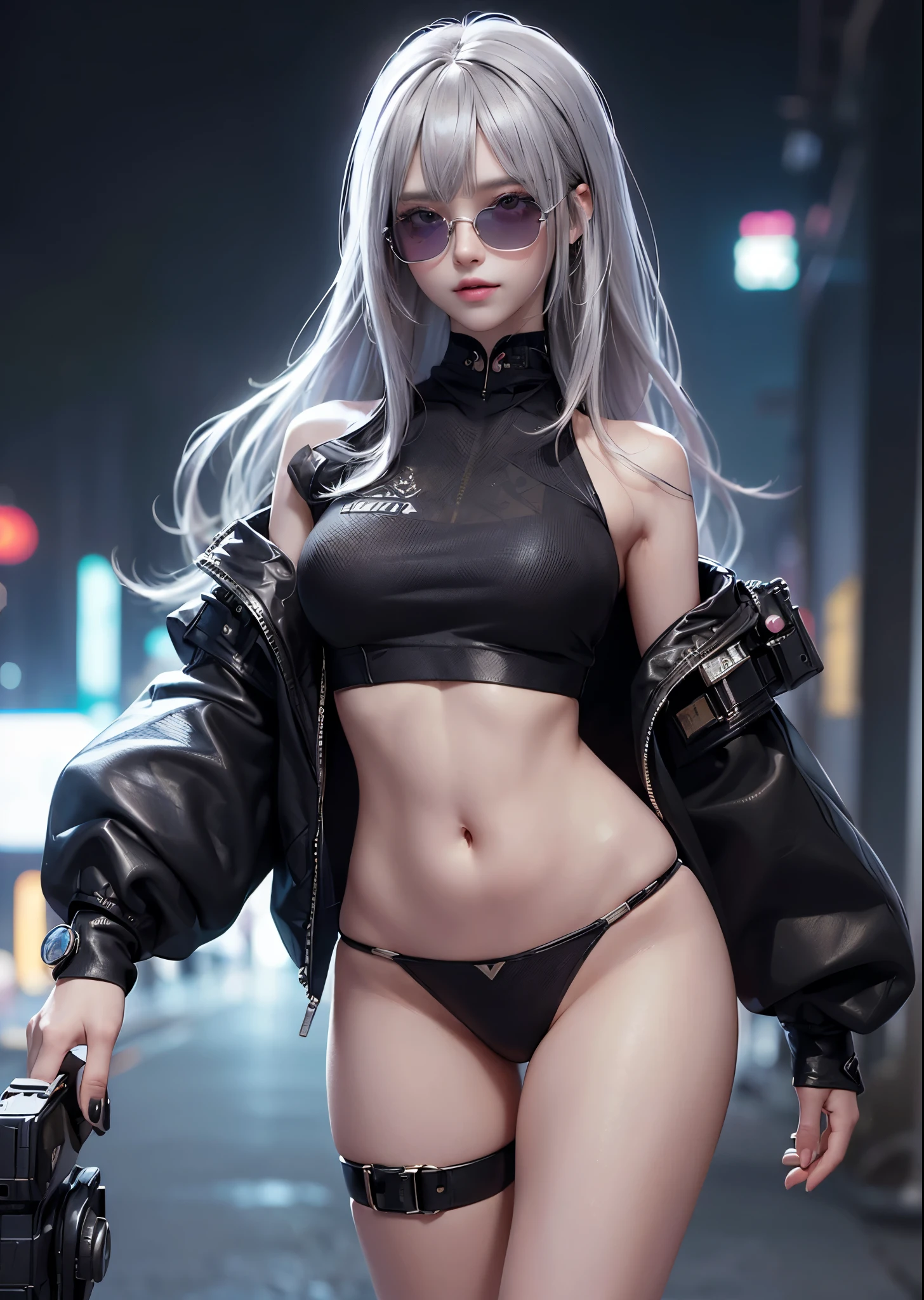 (masterpiece, highest quality, highest quality, Official Art, beautifully、aesthetic:1.2), (Cyberpunk fashion girl 1)、Smiling Girl、Big Eyes、Beautiful belly、Long silver hair with bangs、Very detailed,(Fractal Art:1.3)、Sports Sunglasses、Fractal Background、Perfect lighting、Sharp focus、High resolution、High resolution、High color rendering、High resolution、Super realistic、