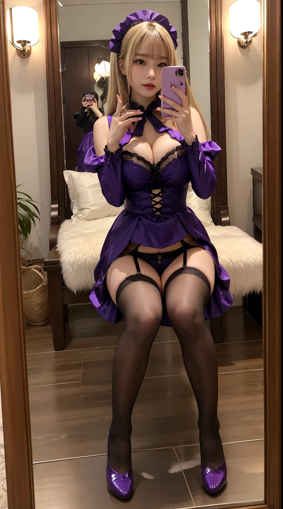 Japanese Beauty、Blonde、Gal、Selfie、Gothic ta Costumes、Big Breasts、High leg、squat、Mirror photo、Reflected in the mirror、Thighs、17 yting Leg spread Purple sexy panties Shiny Panties
